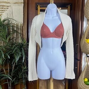 Y2K White House Black Market Ivory Open Knit Cropped Shrug M Bell Sleeve Sweater